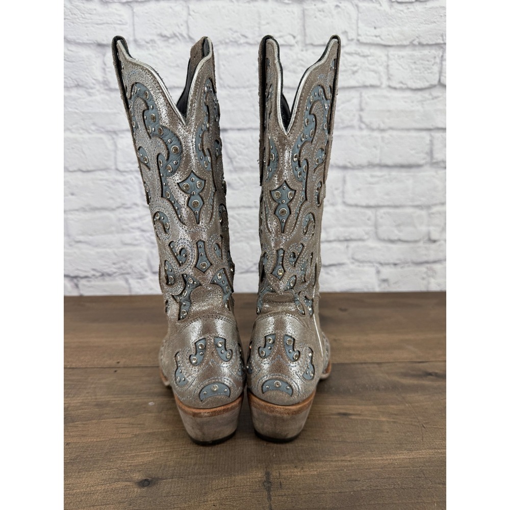 J.B. Dillon Bellflower Women's 8B Silver Leather Western Boots Blue Rhinestone - Picture 9 of 15